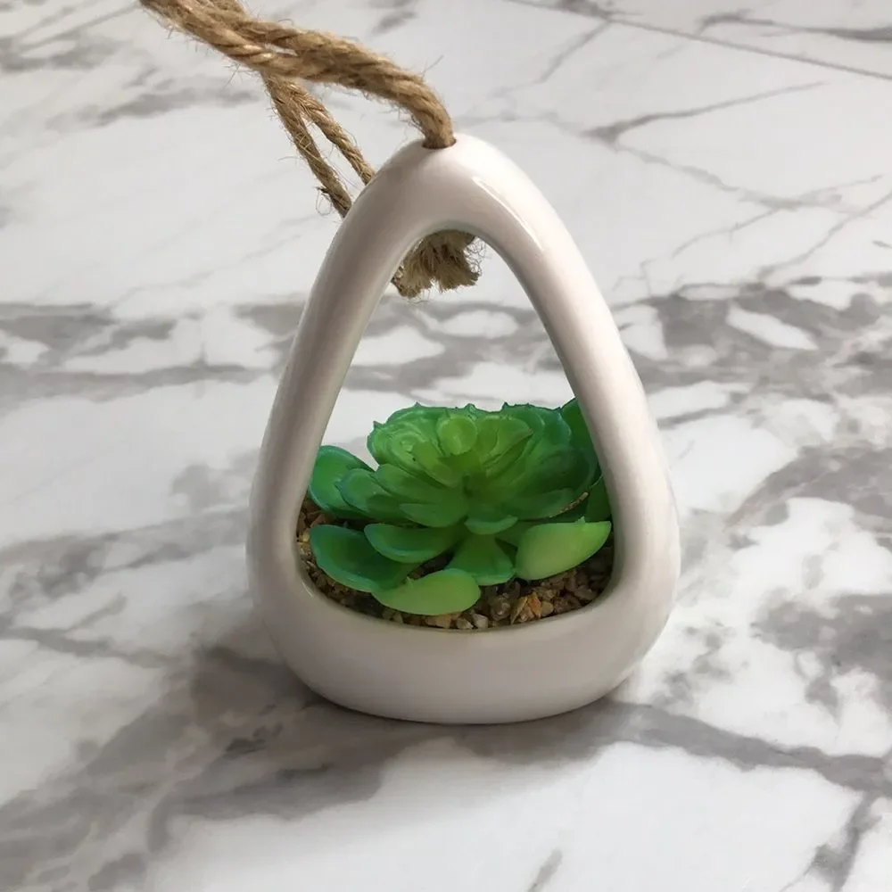 Mini Hanging Faux Succulent Planter White Ceramic Decor Boho Farmhouse